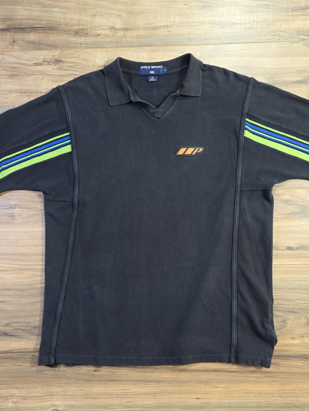 Polo Sport Ralph Lauren V-Neck Shirt Large Black Neon Athletic Vintage